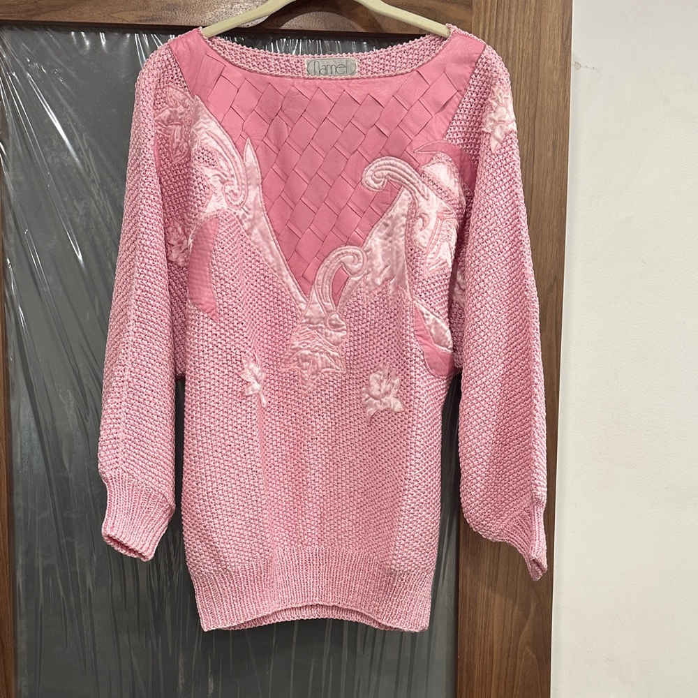 Nannella Pink Woven-Panel Floral Knit Sweater